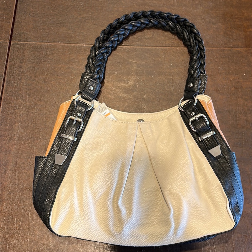 Beige, cream and black leather purse.